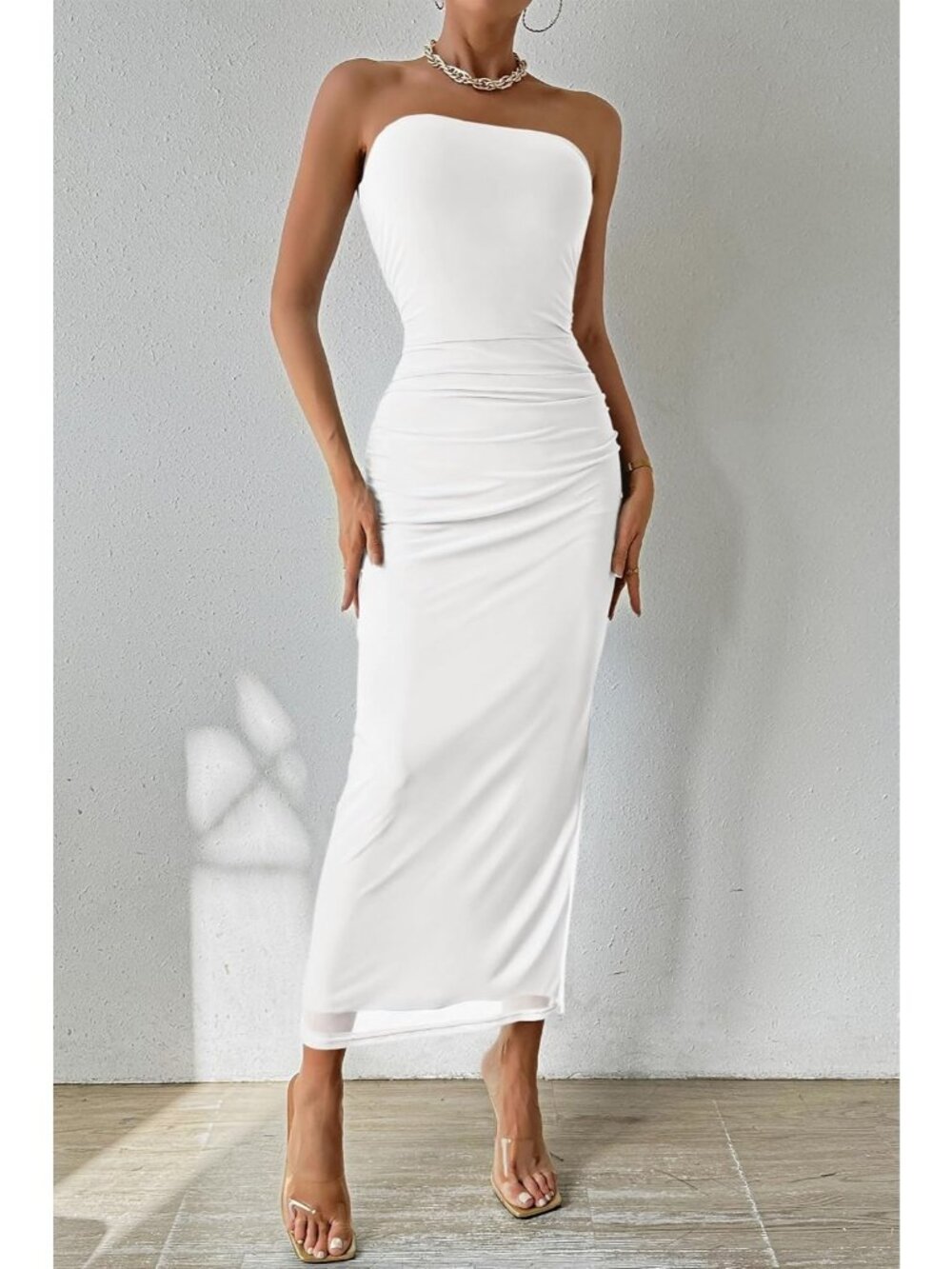 Women's White Strapless Bodycon Floral Maxi Dress Ruched Slit Party Gown - Picture 3 of 6